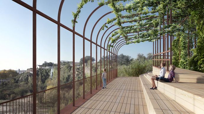 Un parcours de sept belvédères (4 existants et 3 nouveaux) sera aménagé dès 2019, afin de donner plusieurs points de vue privilégiés sur le Jardin extraordinaire et la Loire. Ici, perspective 3D du belvédère de la rue des garennes. © Phytolab